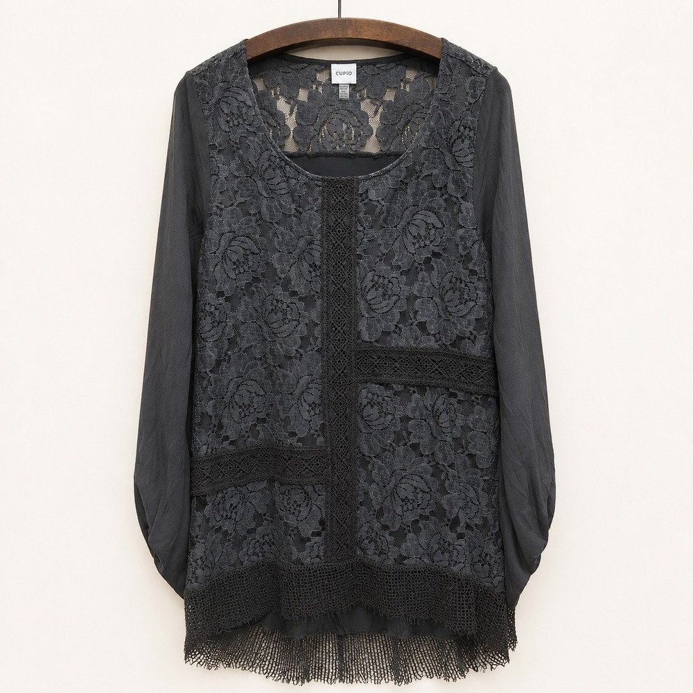 Cupio Top Size XL‎ Dark Gray Tunic Lace Sequined Hem Whimsigoth Witchy Dark Boho